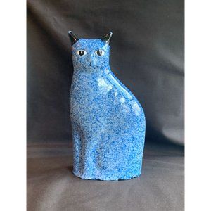 Vintage Folk Art Enesco Sitting Cat Figurine Ceramic Blue Sponge White Speckled
